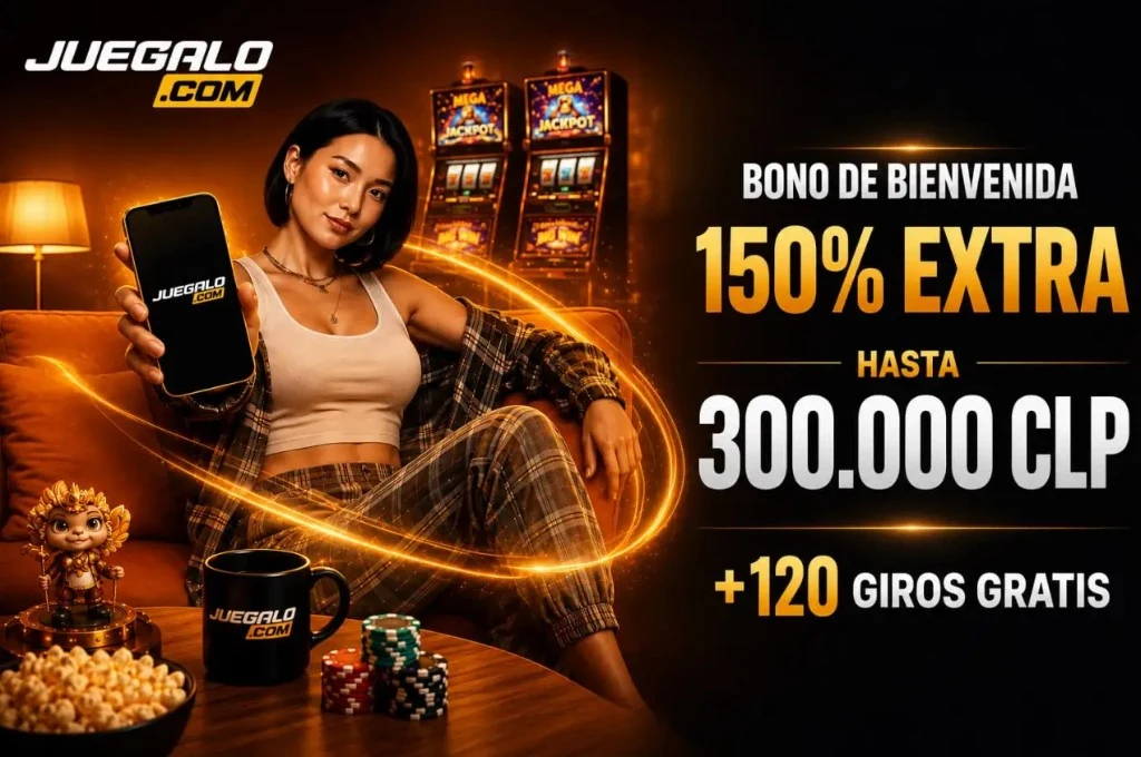 Juegalo App: bono de bienvenida 150% extra hasta 300.000 CLP y 120 giros gratis.